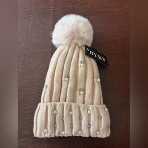 NWT-Cream Embellished Beanie with Pom Pom